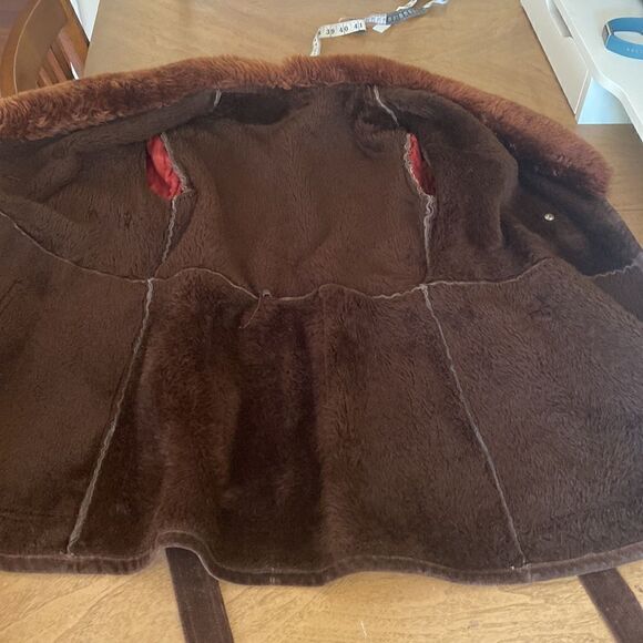 Vintage 70's Chocolate Brown Suede Leather Penny Lane Coat with Faux Fur Collar - Picture 7 of 15